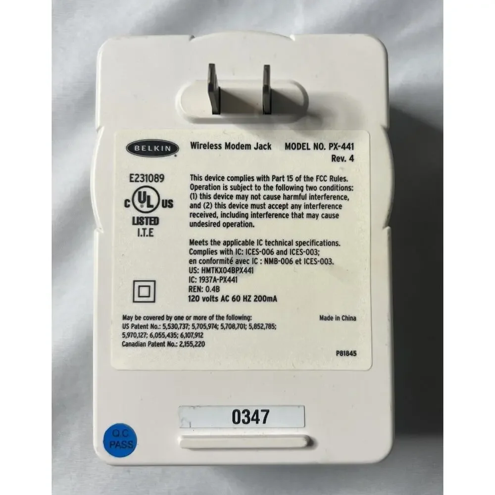 Belkin Wireless Modem Jack (Model PX-441 Rev‎ 4) Phone Delivery System Base Unit